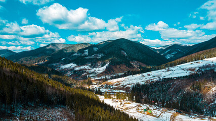 Carpathian mountain range panorama winter aerial view beautiful view