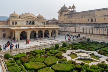 Jaipur, Rajasthan, India; Feb, 2020 : the garden in front of the Seesh Mahal at Amber Fort, Jaipur,...