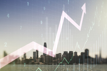 Multi exposure of virtual abstract financial chart and upward arrow interface on San Francisco skyscrapers background, rise and breakthrough concept