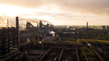 industry metallurgical plant dawn smoke smog emissions bad ecology aerial photography