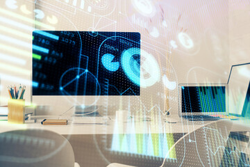 Double exposure of desktop with personal computer on background and tech theme drawing. Concept of Bigdata.