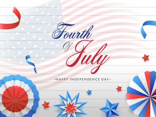 Fourth Of July Font with National Tricolor Paper Cut Badge, Stars and Ribbons Decorated on American Wavy Flag and Horizontal Stripe Pattern Background.