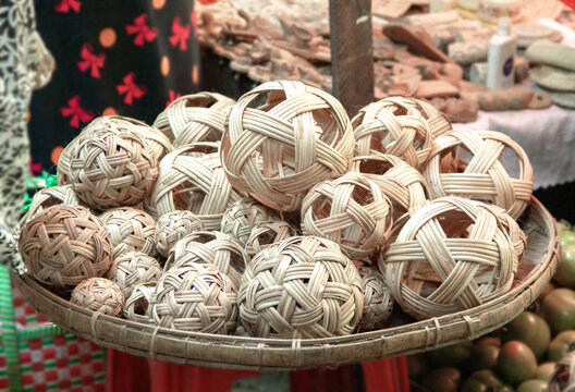 Chinlone pile of rattan ball, local sport in Myanmar