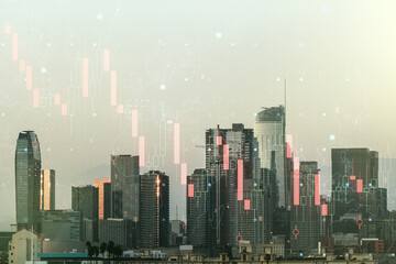 Fototapeta premium Double exposure of abstract virtual global crisis chart and world map hologram on Los Angeles city skyscrapers background. Financial crisis and recession concept