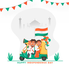 Indian Man Driving Auto and Woman Doing Namaste, Balloons, India Flag on Silhouette Taj Mahal Monument Background for Happy Independence Day.
