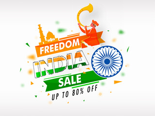 Freedom India Sale Poster Design with 80% Discount Offer, Ashoka Wheel, Silhouette Famous Monument and Tutari Player Man on White Background.
