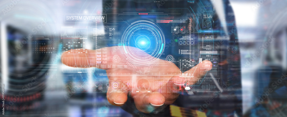 Fototapete Businessman using digital technological interface with datas 3D rendering