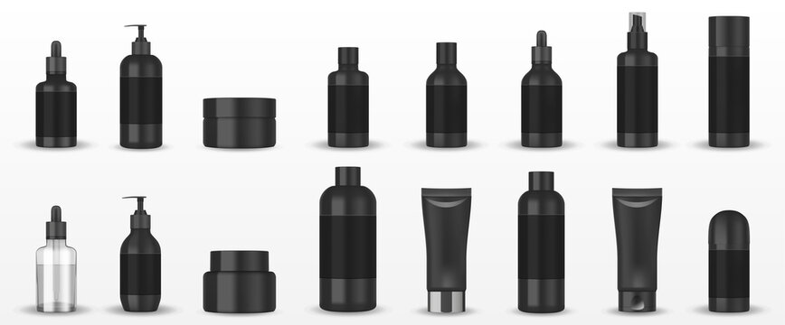 Realistic blank black cosmetic tubes isolated. Mockup cosmetic containers hand cream, shampoo, liquid soap pump, spray, oil, gel, lotion bottle. Vector