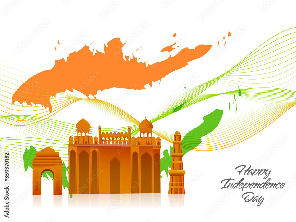 Sticker indian famous monuments with saffron and green grunge paint effect on abstract waves white backgroun