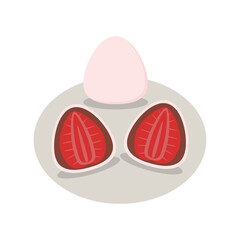 Strawberry daifuku, daifuku mochi, small round mochi stuffed with strawberry piece and red bean paste filling