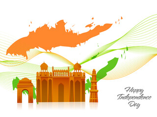 Indian Famous Monuments with Saffron and Green Grunge Paint Effect on Abstract Waves White Background for Happy Independence Day.
