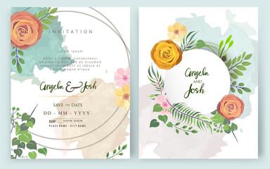 Wedding Invitation, floral invite thank you, rsvp modern card Design: green tropical palm leaf greenery eucalyptus branches decorative wreath & frame pattern. Vector elegant watercolor rustic template