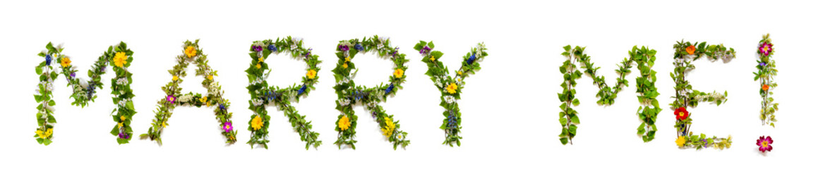 Flower, Branches And Blossom Letter Building English Word Marry Me. White Isolated Background