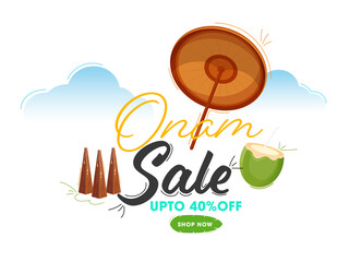 Onam Sale Poster Design with 40% Discount Offer, Thrikkakara Appan Idol, Coconut Drink and Maveli Olakkuda (Umbrella) on White Background.