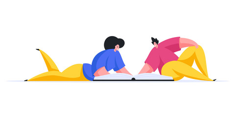 Happy man and woman reading book together