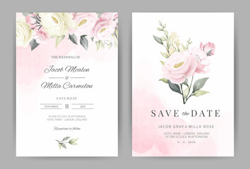 Rose flora watercolor wedding invitation card set template flower bouquet design.