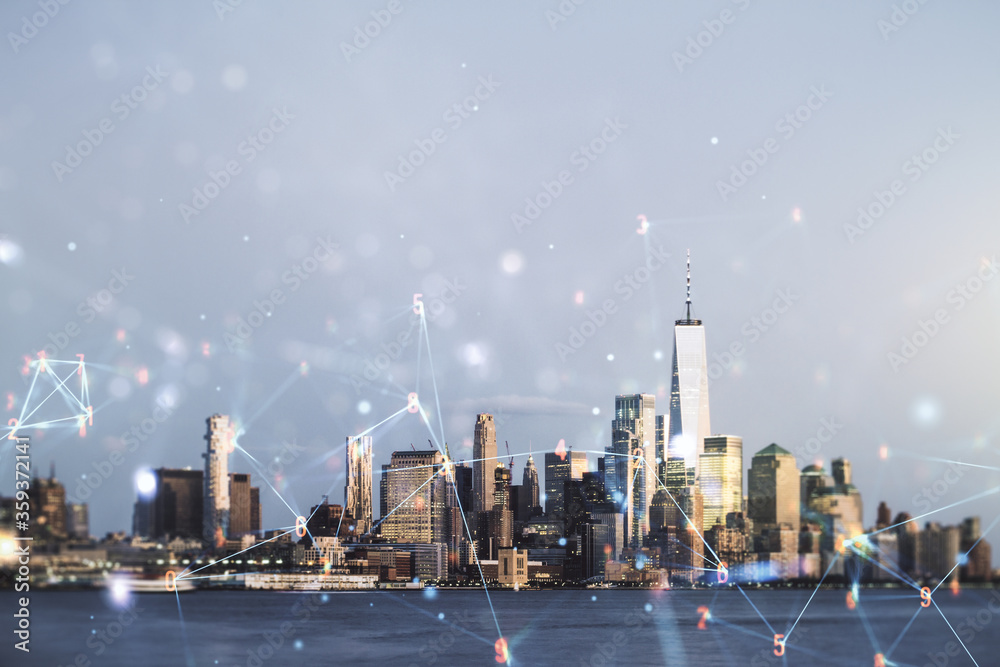 Poster abstract virtual technology sketch on manhattan cityscape background, future technology and ai conce