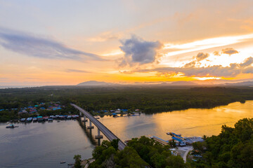Aerial image of Mengkabong River during twilight sunrise at Tuaran, Sabah