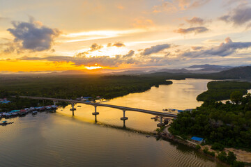 Aerial image of Mengkabong River during twilight sunrise at Tuaran, Sabah
