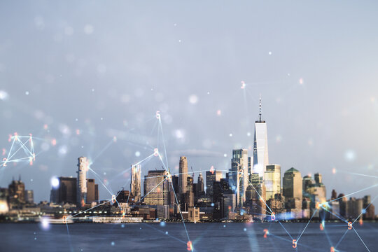 Abstract virtual technology sketch on Manhattan cityscape background, future technology and AI concept. Double exposure