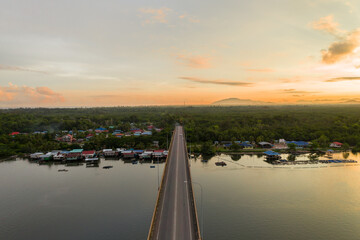 Aerial image of Mengkabong River during twilight sunrise at Tuaran, Sabah