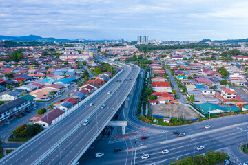 Aerial image of car moving on Kota Kinabalu City, Sabah, Malaysia