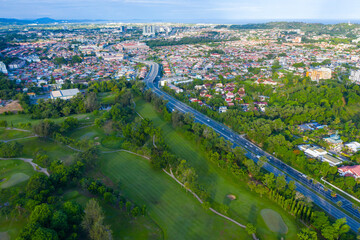 Fototapeta na wymiar Aerial view putting green and beautiful turf golf course in Kota Kinabalu, Sabah, Malaysia