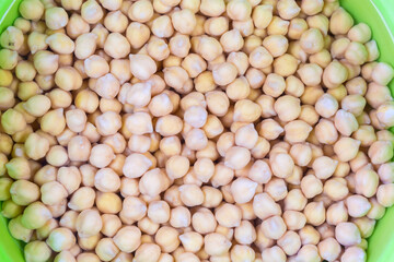 Background of the chickpeas soaked in green bowl before cooking