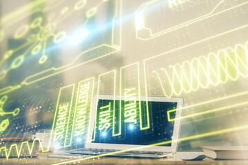 Desktop computer background and education theme drawing. Double exposure. Study concept.