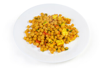 Boiled chickpeas, stewed with tomatoes and Adyghe cheese on dish