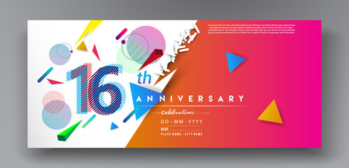 16th years anniversary logo, vector design birthday celebration with colorful geometric isolated on white background.