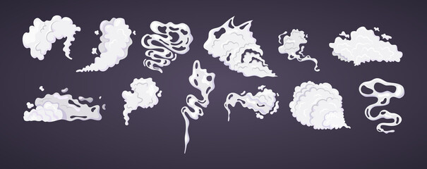 Comic smoke cloud set. Smoking cartoon steam clouds with motion sprite speed. 