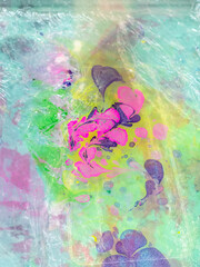 Fototapeta premium workshop of Ebru paper marbling - prepared colorants on surface of liquid in plastic basin for printmaking