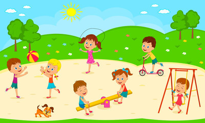 kids, boys and girls are playing on the playground, illustration,vector