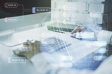 Multi exposure of abstract creative coding sketch with world map and hands typing on computer keyboard on background, artificial intelligence and neural networks concept