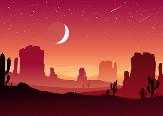 Vector illustration of desert sunset and night landscape with silhouettes of stones, mountains, hills, plants and cactuses. Cartoon Western scene under the moon. Night in Mexican desert.