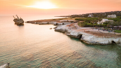 Aerial bird’s eye view of the abandoned ship wreck EDRO III in Pegeia, Paphos, Cyprus from above...