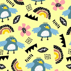 Seamless pattern with cartoon birds, rainbows, flowers, decor elements on a neutral background. summer colorful vector for kids. hand drawing, flat style. Baby design for fabric, print, textile, wrapp