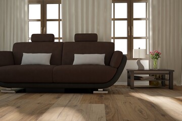 modern room with brown sofa,table,lamp,flowers,magazines and curtains interior design. 3D illustration
