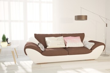 modern room with sofa,lamp,table,clock,books and tulle interior design. 3D illustration