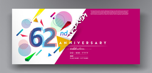 62nd years anniversary logo, vector design birthday celebration with colorful geometric isolated on white background.
