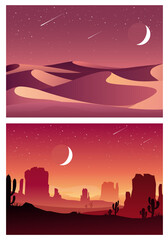 Vector set illustration of desert sunset and night landscape with  silhouettes of stones, mountains, hills, plants and cactuses. Cartoon Western scene under the moon. Night in Mexican desert