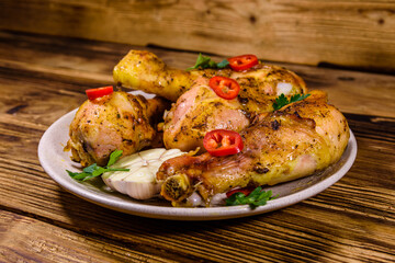 Baked chicken legs with parsley, garlic and sliced red hot pepper in a plate