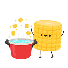 Boiled corn. Corn character design. Boil water. Hot pot. Pot cartoon vector. Water in pot. 