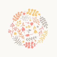 Set of hand drawn floral elements in flat style. Simple plants, flowers, branches in the circle. Vector retro illustration for design card, poster, banner, flayer, web