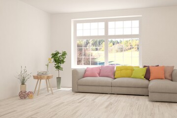 White living room with sofa. Scandinavian interior design. 3D illustration