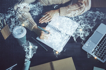 Social network theme hologram over woman's hands writing background. Concept of international people connect. Double exposure