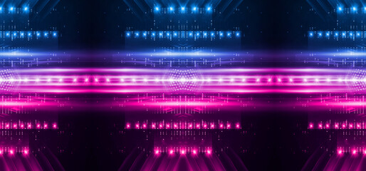 Background of empty stage show. Neon blue and purple light and laser show. Laser futuristic shapes on a dark background. Abstract dark background with neon glow