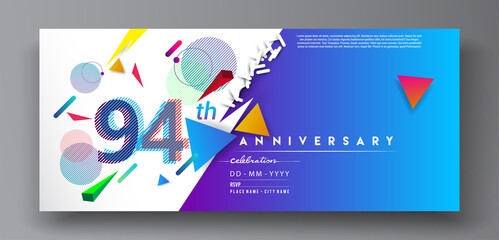 94th years anniversary logo, vector design birthday celebration with colorful geometric isolated on white background.