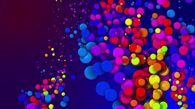 Cartoon animation of beautiful multi-colored circles like paint bubbles or dye droplets in liquid. 4k looped abstract creative background. Luma matte as alpha channel. Particles increase and decrease